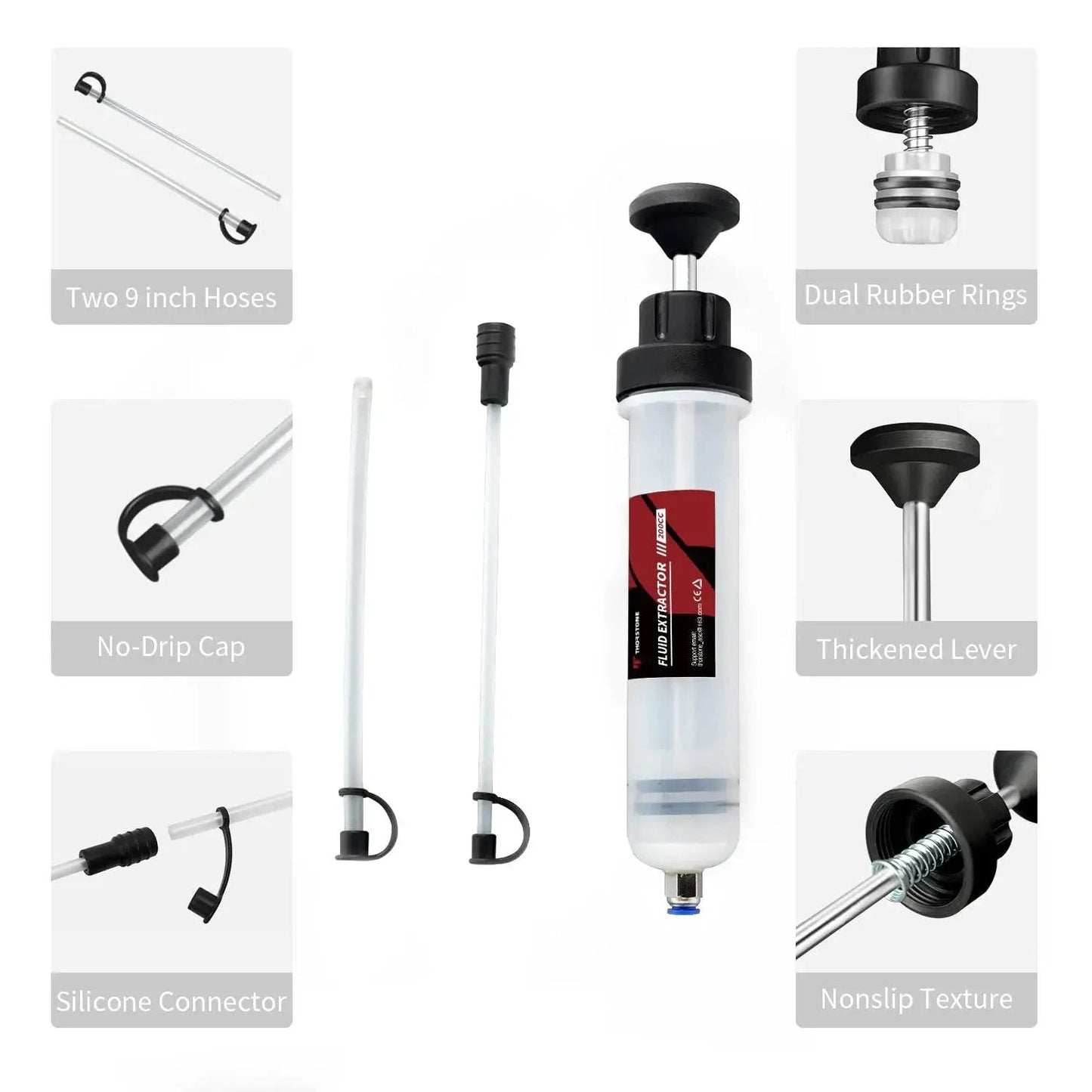 200cc Manual Fluid Extractor Pump For Automotive Oil Changes With Two PVC Suction Tubes reaching up to 40 cm in packaging.