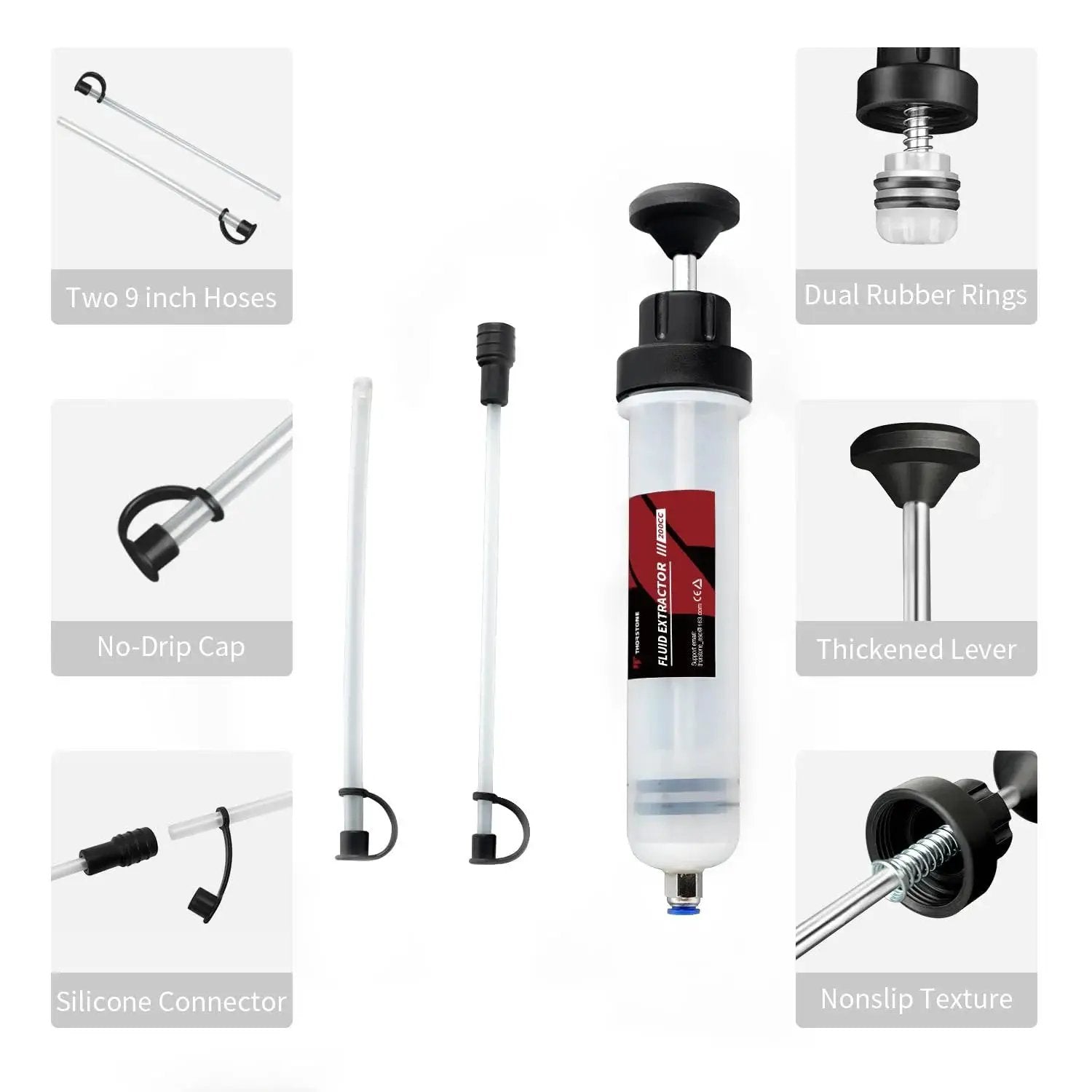 200cc Manual Fluid Extractor Pump For Automotive Oil Changes With Two PVC Suction Tubes reaching up to 40 cm in packaging.