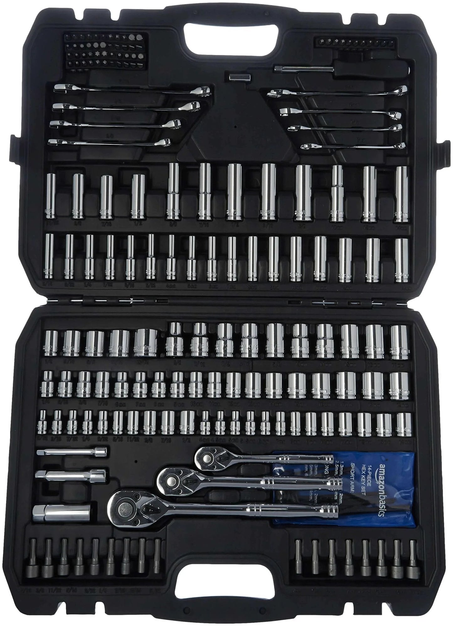 Open case view of Mechanic's Socket Tool Set With Case, SAE and Metric Sizes, 201-Piece, displaying sockets, wrenches, and hex keys.