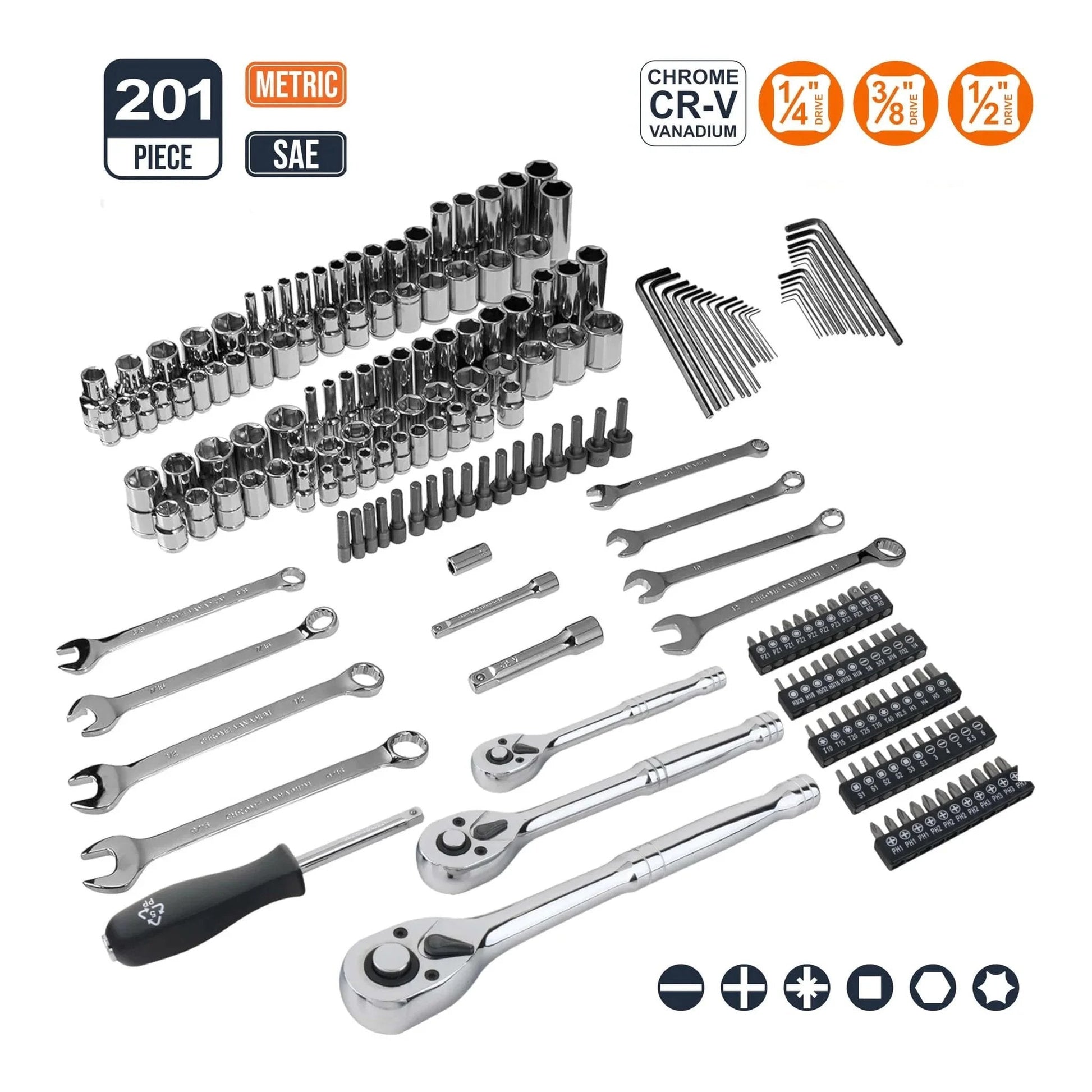 Mechanic's Socket Tool Set With Case, SAE and Metric Sizes, 201-Piece showing sockets, hex keys, and bits in chrome-vanadium.