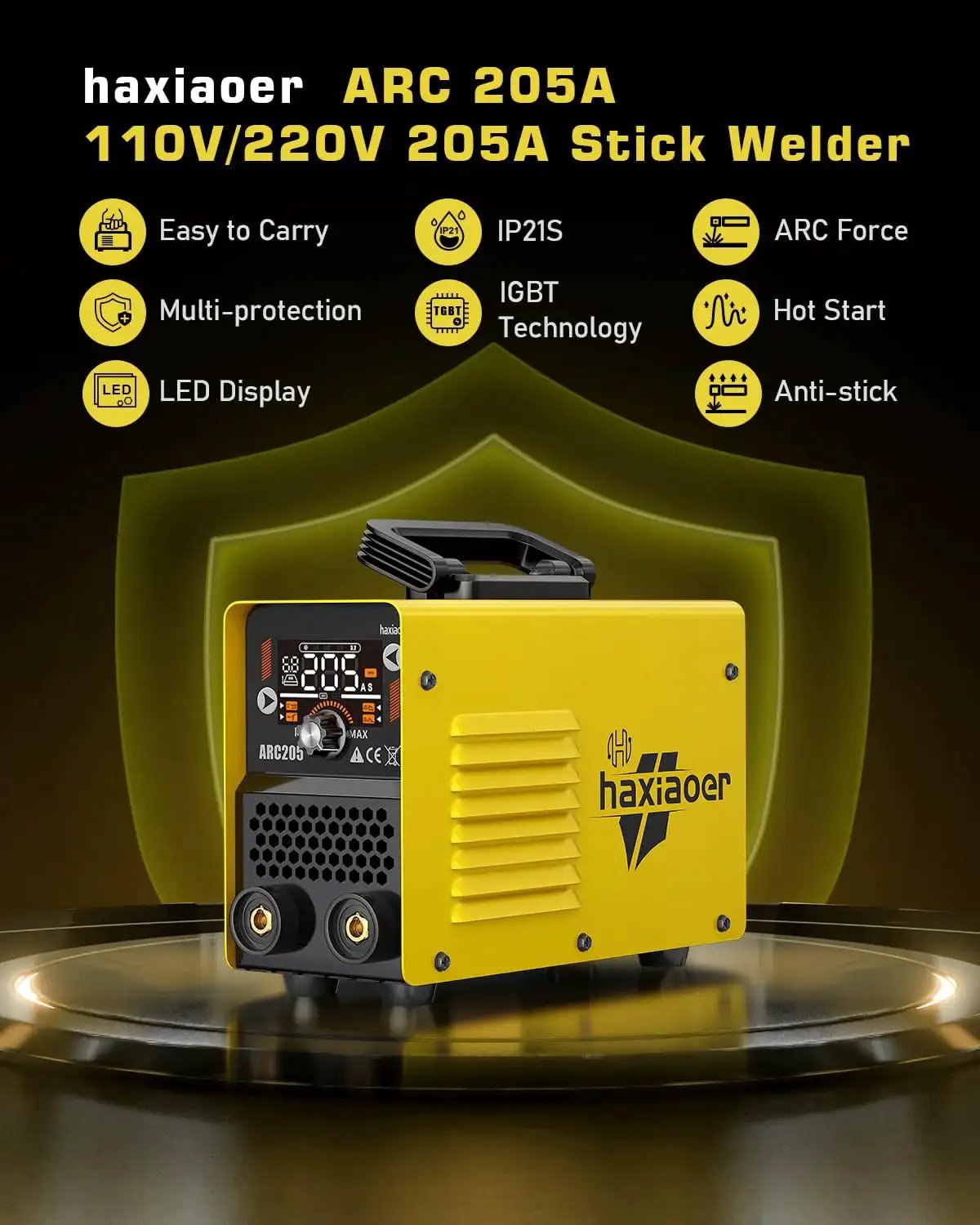 2 In 1 MMA Lift TIG Welder With Dual Voltage 110V 220V LCD Display Arc Force Hot Start VRD in a yellow carry case