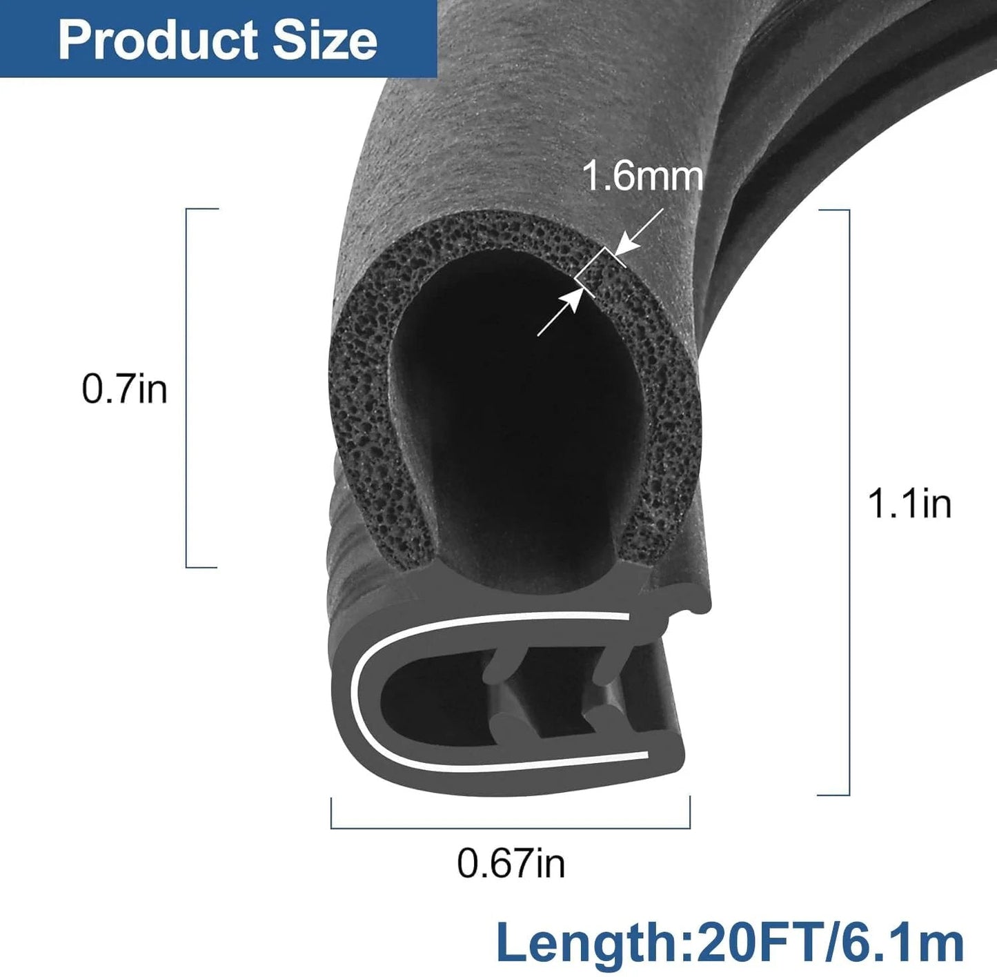 Close-up view of 20 Foot Car Door Weather Stripping Kit With Rubber Edge Trim Seal cross-section showing dimensions and shape.