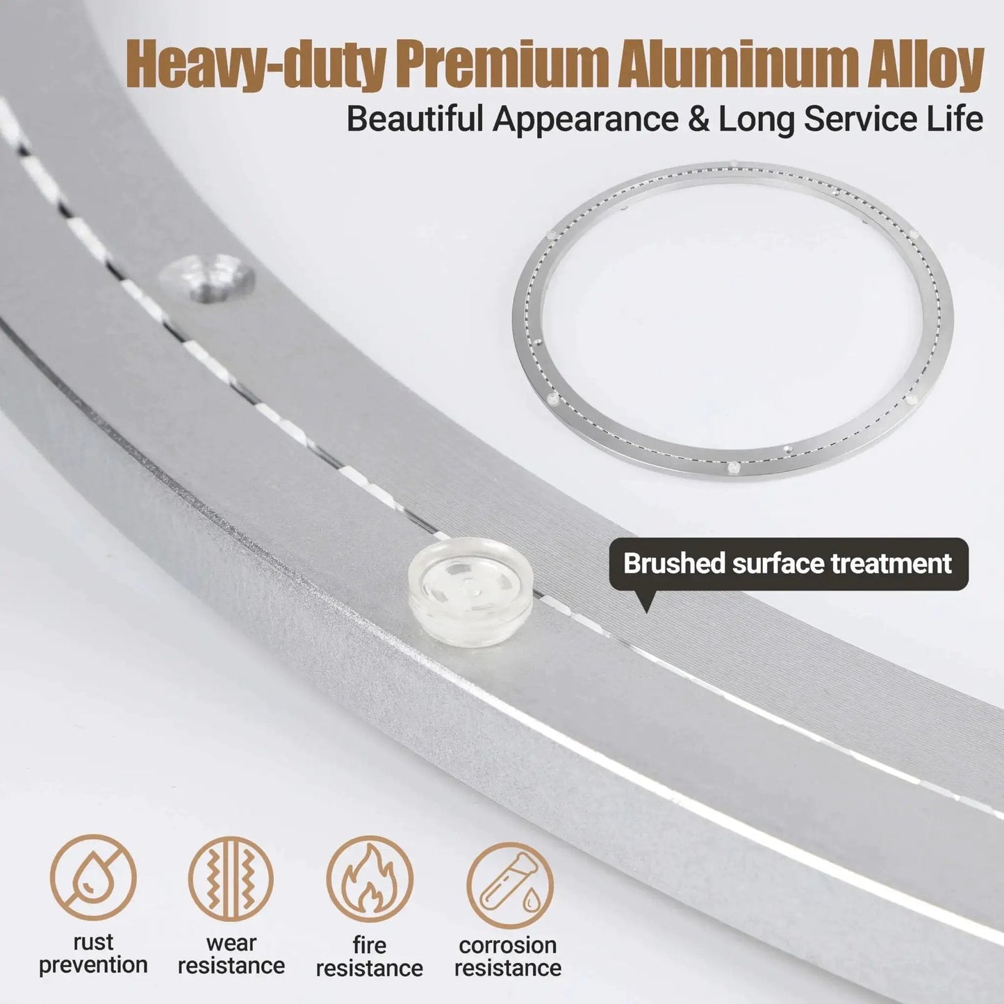 20 Inch Heavy Duty Aluminum Lazy Susan Bearing with brushed surface, highlighting rust and corrosion resistance features.