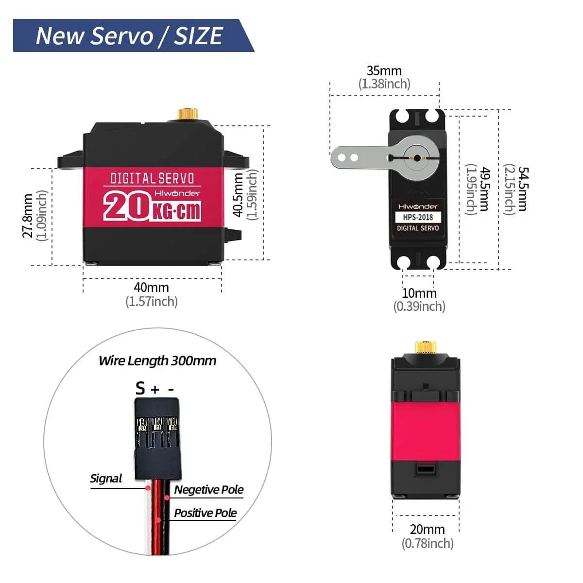 20KG RC Servo High Torque Servo Motors, Waterproof Full Metal Gear Steering Servo dimensions and components layout