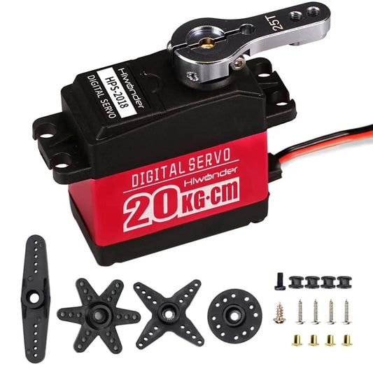 20KG RC Servo High Torque Servo Motors, Waterproof Full Metal Gear Steering Servo for 1/6 1/8 1/10 1/12 RC Car Robot DIY, Digital Servo with 25T Servo Horn, Control Angle 180°, shown with accessories.
