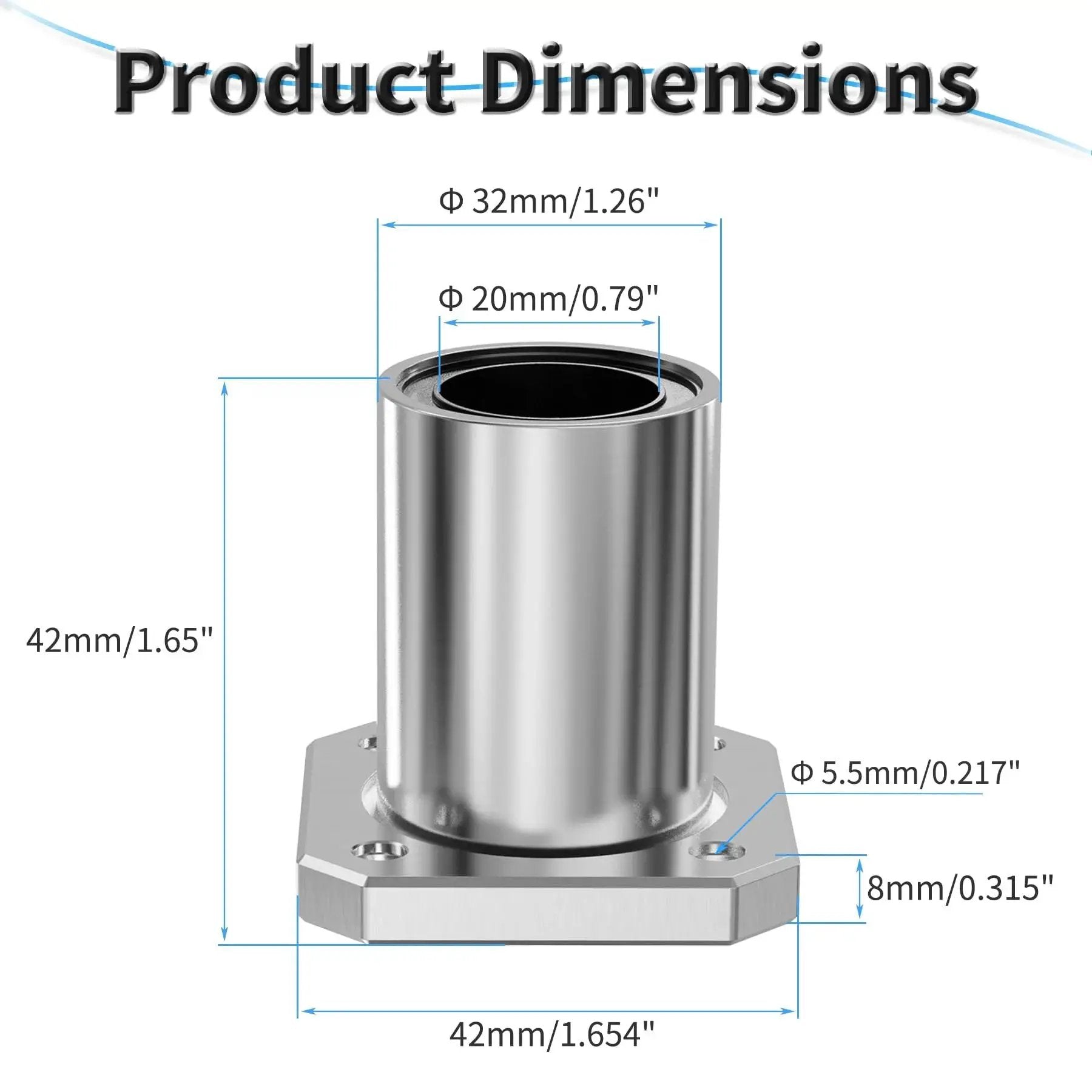 Double-Seal 20mm ID Linear Bearing with Square Flange dimensions showing 42mm height and 32mm outer diameter
