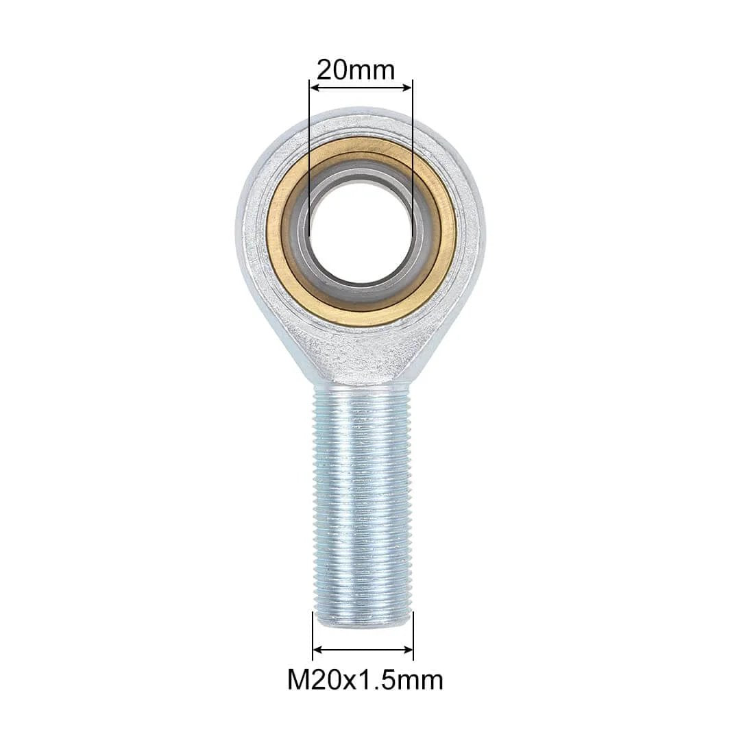 Front view of a 20mm Rod End Bearing M20x1.5mm Rod Ends Ball Joint Male Right Hand Thread with measurements displayed.