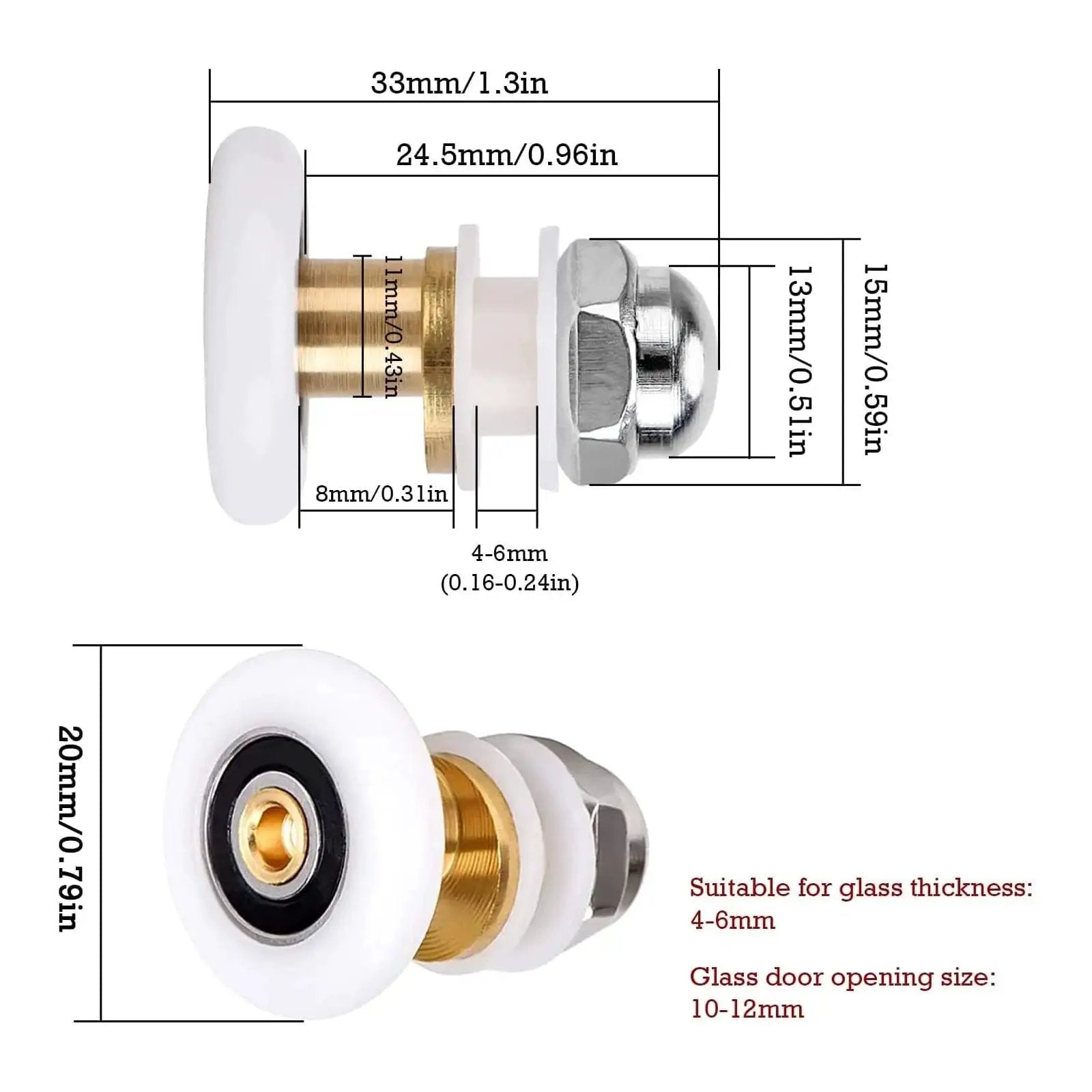 Side and close-up view of 4 Pcs Shower Door Rollers Set 20mm Diameter For Glass Sliding Doors Replacement with measurements.