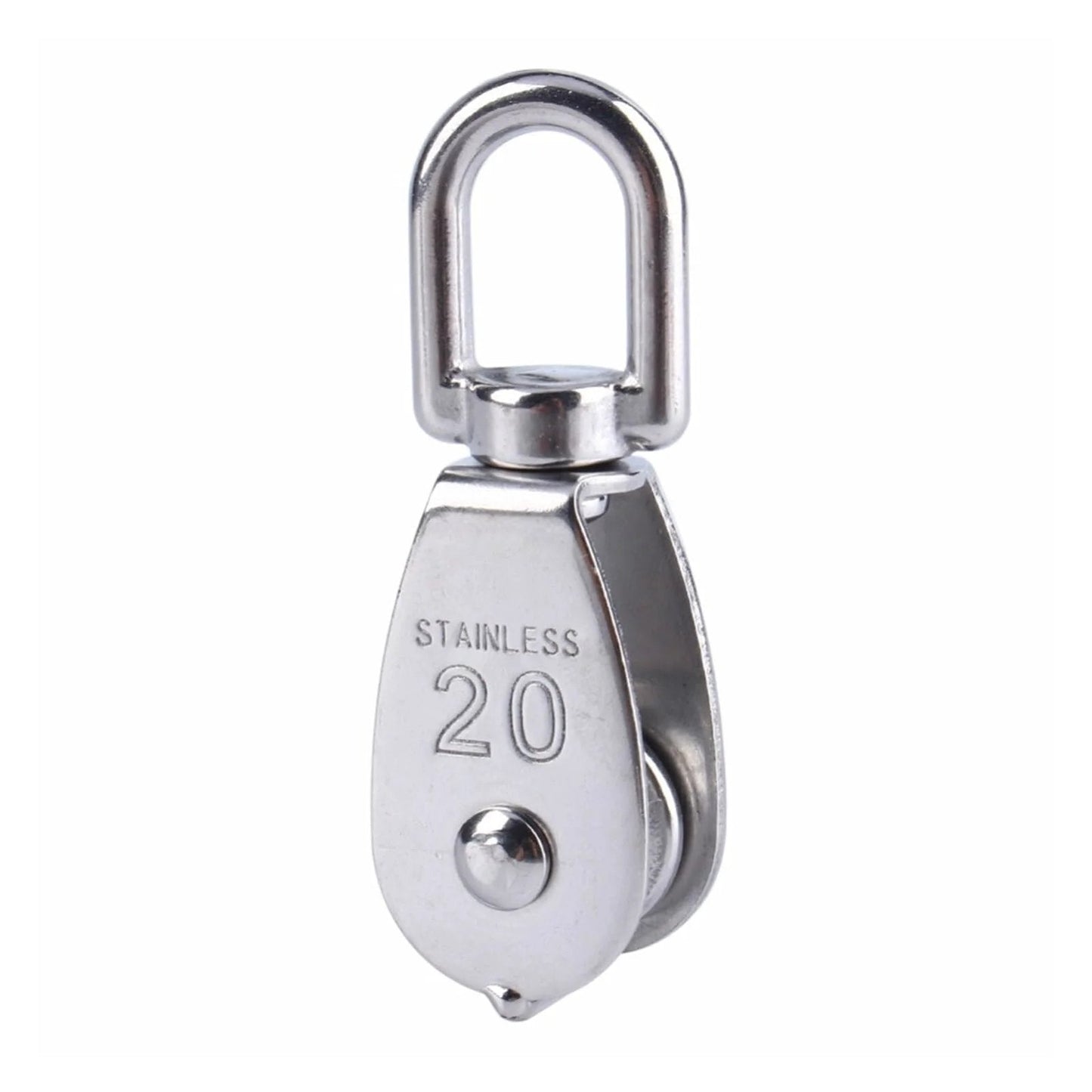 Stainless steel M20 single wheel pulley for wire rope hoisting, built with a 304 stainless steel body, 360 degree swivel wheel.