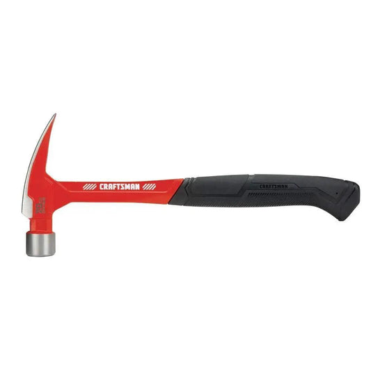 Side view of a 20 oz steel general purpose hammer with an ergonomic vibration-reducing grip, smooth face to prevent surface marks.