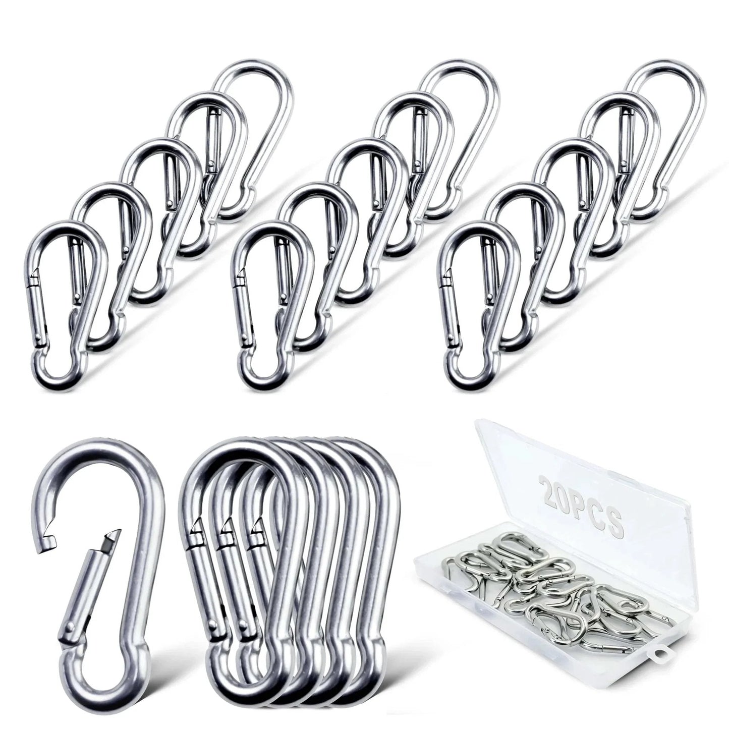 20 Pcs 304 Stainless Steel Spring Clasp Carabiners M4 Heavy Duty Hooks 1.57 Inch For Pet Tags Hiking Tents Swing Brackets Ropes Chains And Key Rings Ideal For Camping Outdoor Gear DIY Crafts And Everyday Use