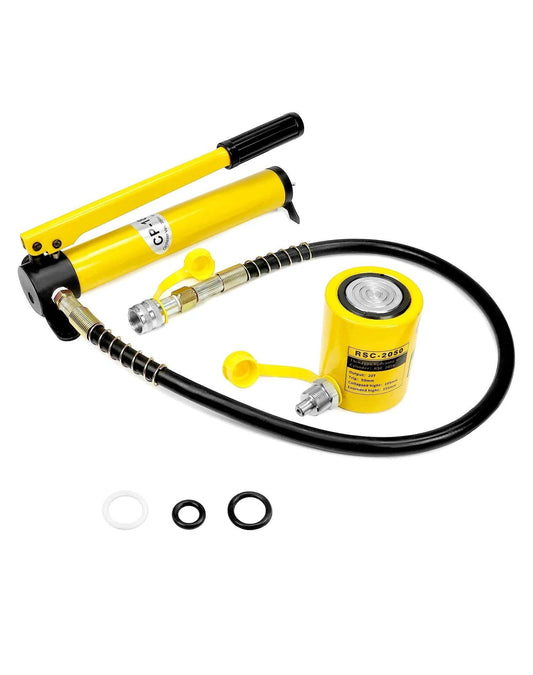 20T Mini Hydraulic Cylinder Jack Porta Power Ram 2" Stroke, CP-180 Manual Hydraulic Hand Pump with accessories, yellow color.
