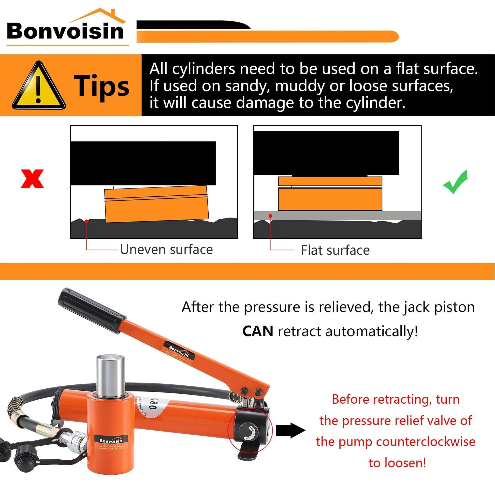 Instructional image for 20T Hydraulic Cylinder Jack Porta Power Ram 2" Stroke use on flat surfaces, with a tip on pressure release.
