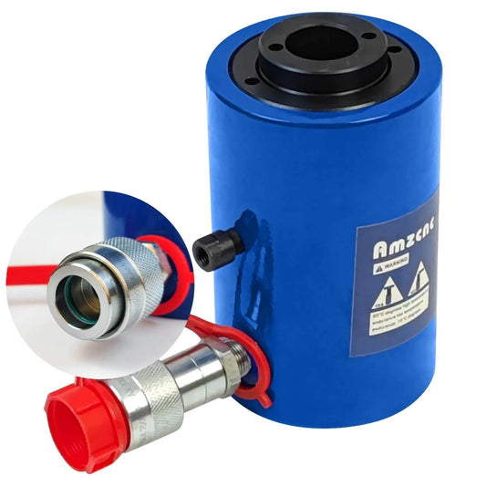 20T Hydraulic Cylinder Jack Hollow Single Acting Hydraulic Ram Cylinder 2"(50mm) blue with close-up of connector details