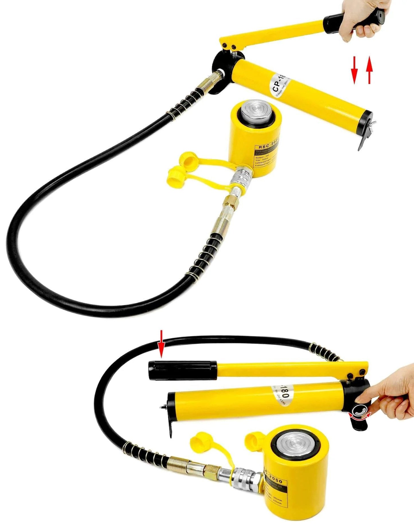 20T Mini Hydraulic Cylinder Jack Porta Power Ram 2" Stroke, CP-180 Manual Hydraulic Hand Pump, Single Acting, yellow equipment