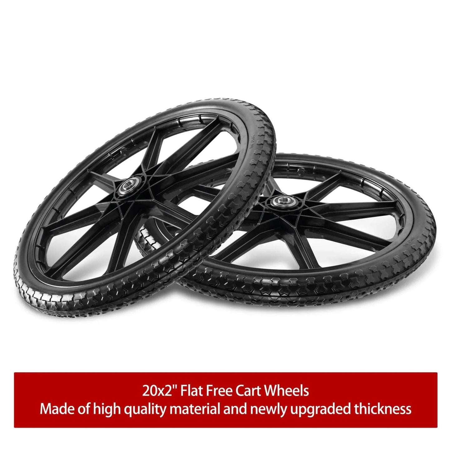 20 Inch Flat Free Cart Wheels 2 Pack Compatible with Rubbermaid Wheelbarrow Wheels, 20x2 Solid Tires, Black close-up view.