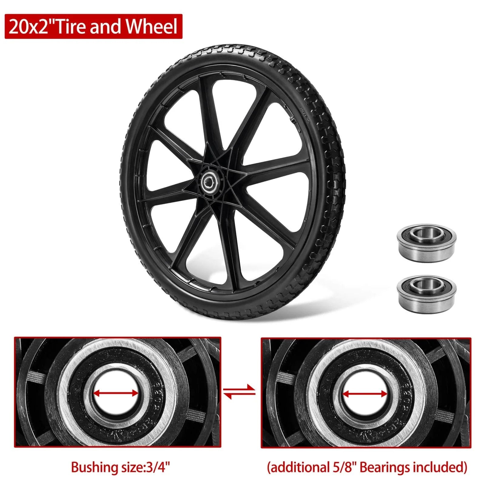 20 Inch Flat Free Cart Wheels 2 Pack Compatible with Rubbermaid Wheelbarrow Wheels, 20x2 Solid Tires with 3/4 Inch Bearing.