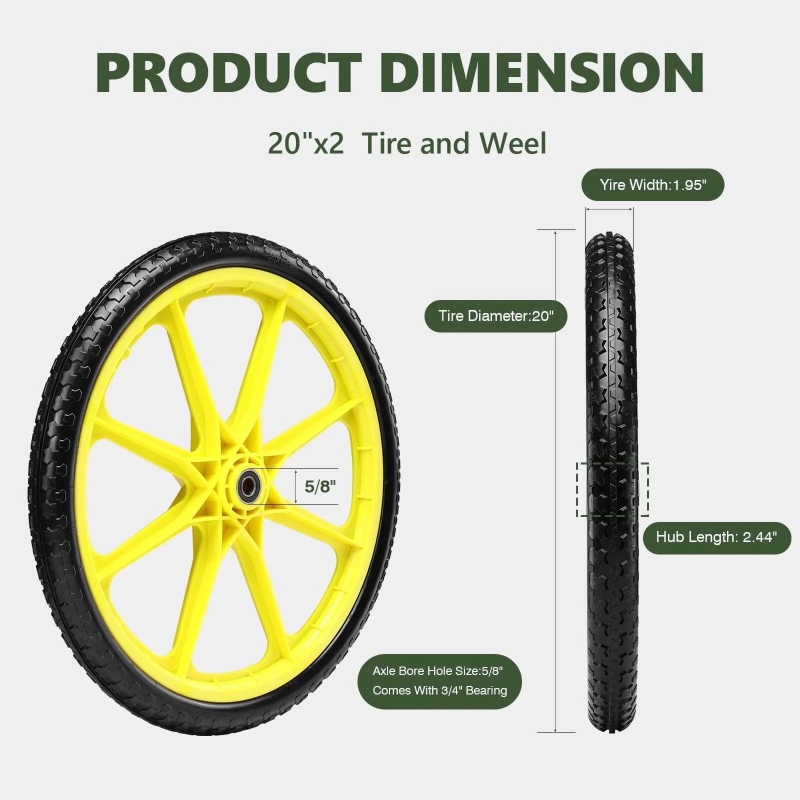 20 Inch Flat Free Tire and Wheel Set of 2 in yellow with solid polyurethane airless design featuring centered hub 20x1.95 dimensions