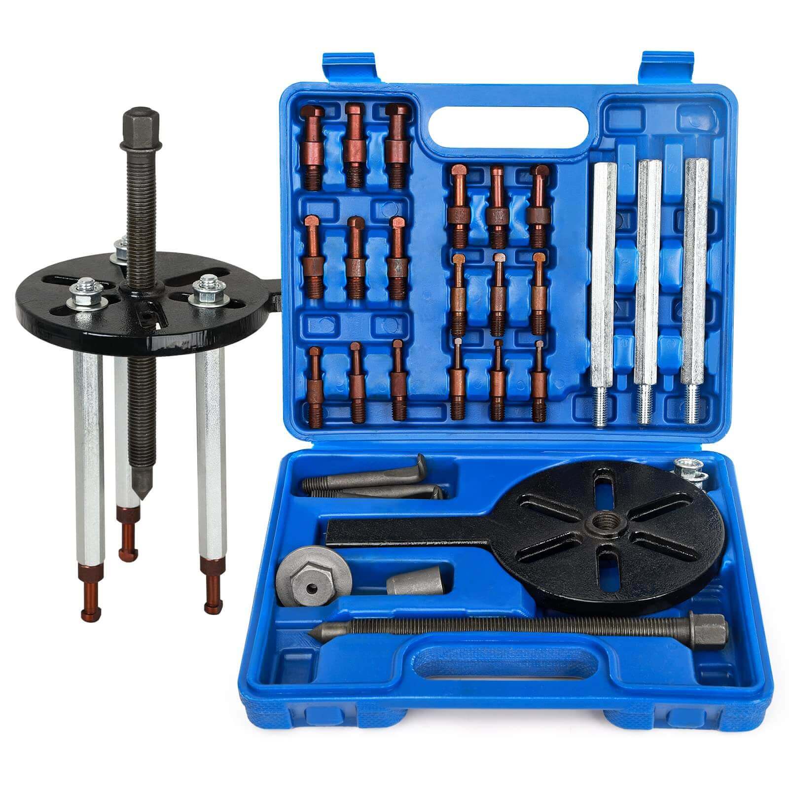 21 in1 Bearing Puller Set displayed with blue heavy duty portable storage case and various tool components visible