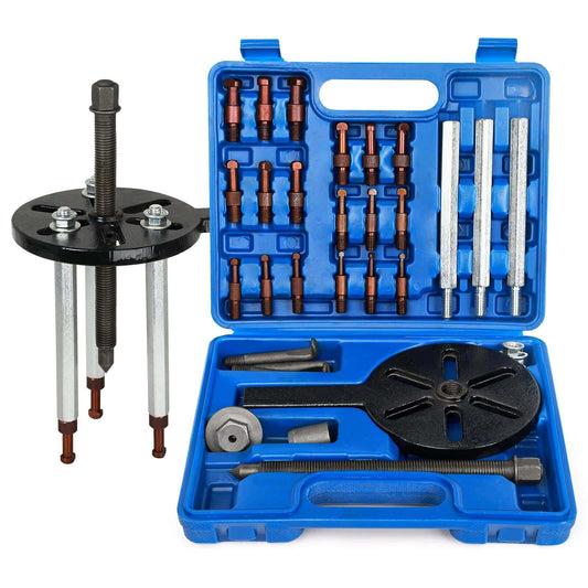 21 in1 Bearing Puller Set displayed with blue heavy duty portable storage case and various tool components visible