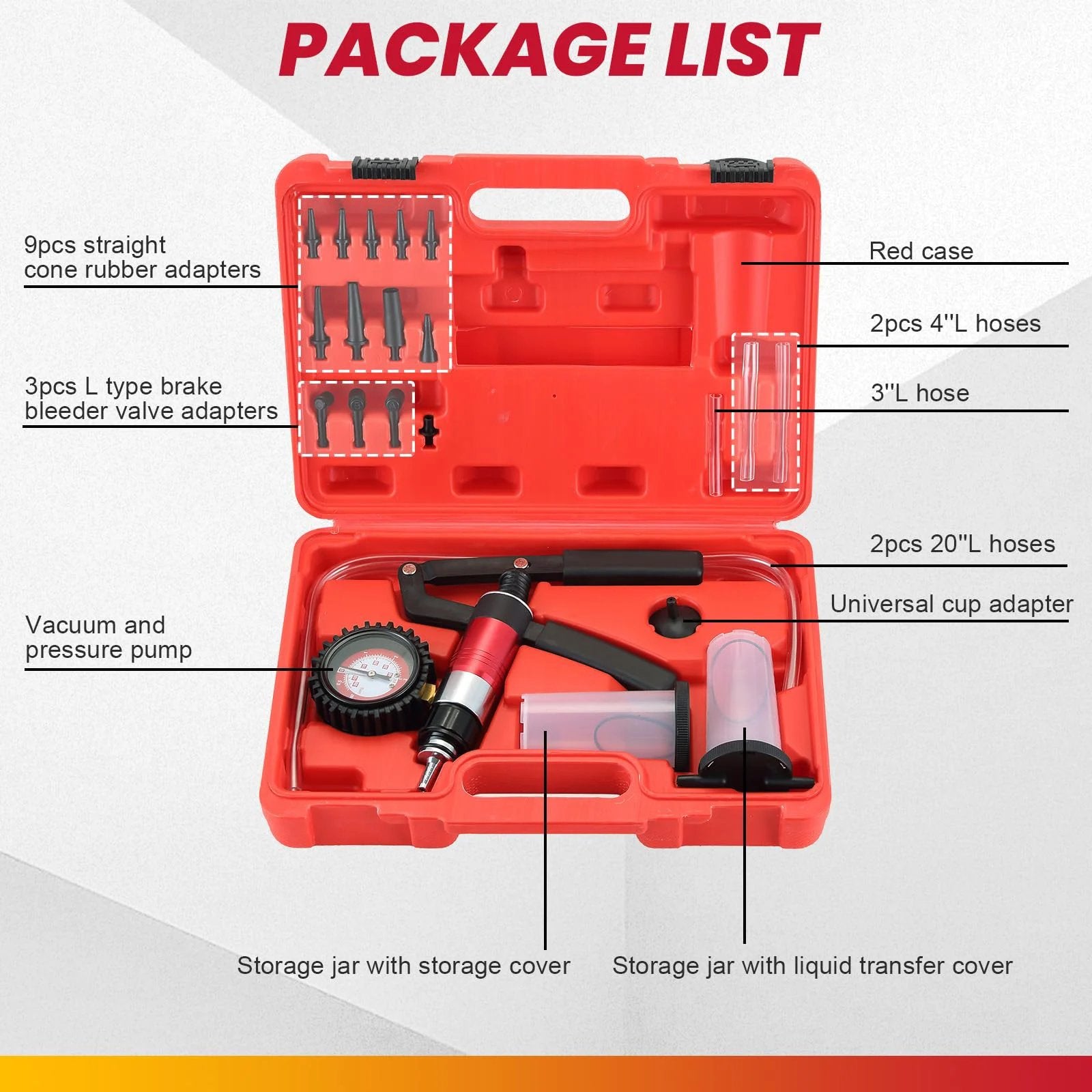 Professional 21 Piece Handheld Vacuum And Pressure Pump Tester Kit 2 In 1 Brake Bleeder Set with gauge, red case, adapters and hoses.