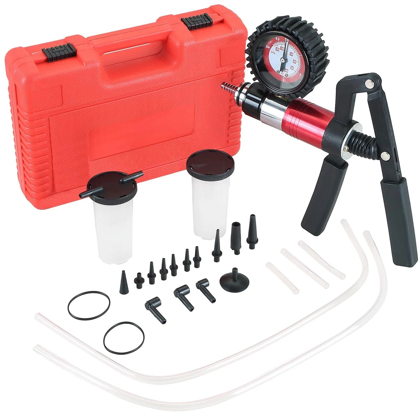 Professional 21 Piece Handheld Vacuum And Pressure Pump Tester Kit 2 In 1 Brake Bleeder Set With Gauge Adapters for automotive use.