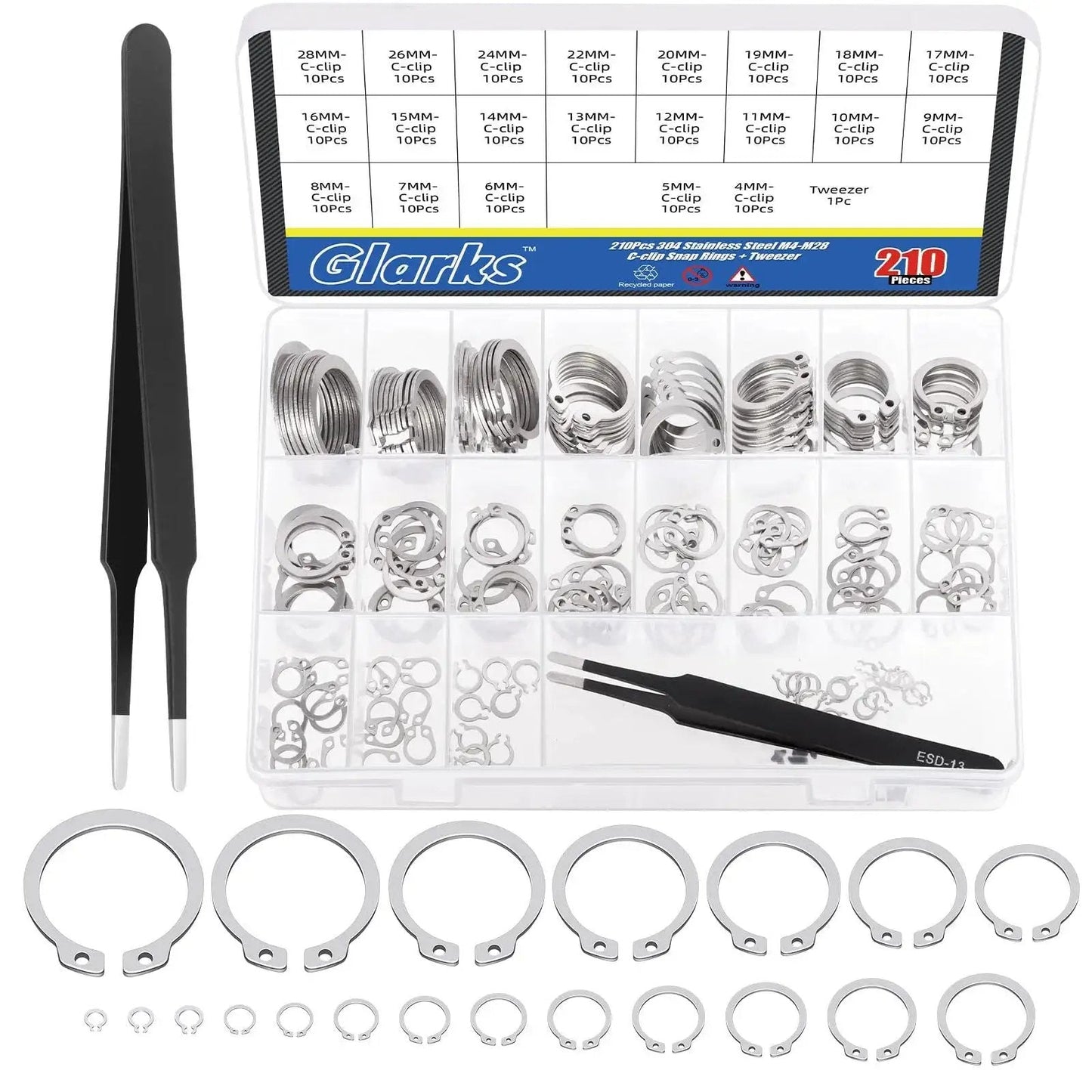 Ultimate 211 Piece C Clip External Retaining Ring Set In 304 Stainless Steel From 4mm To 28mm With 21 Sizes And Included Tweezer By Glarks