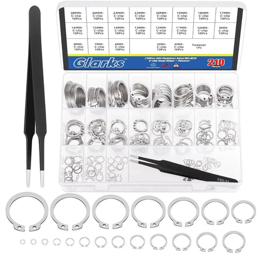 Ultimate 211 Piece C Clip External Retaining Ring Set In 304 Stainless Steel From 4mm To 28mm With 21 Sizes And Included Tweezer By Glarks