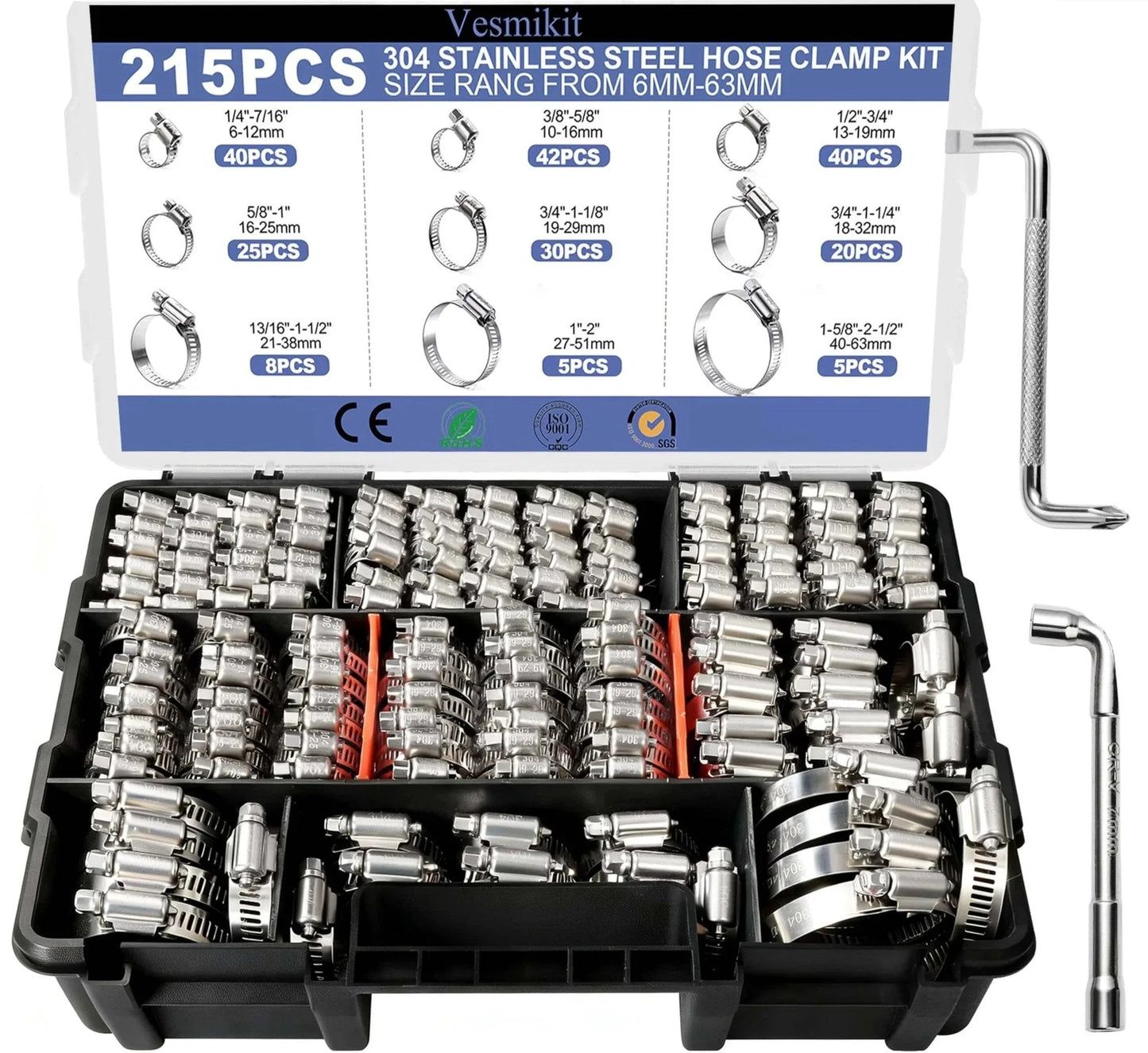 215 Piece 304 Stainless Steel Hose Clamp Kit One Quarter To Two And A Half Inches Worm Gear Clamps 6 To 63 Millimeters box and tools