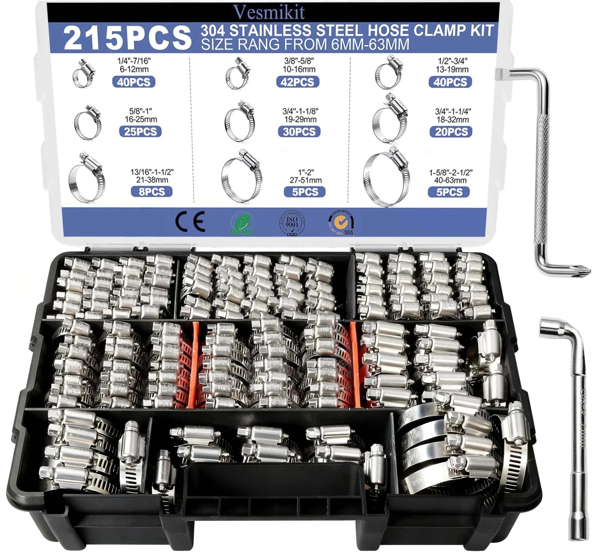 215 Piece 304 Stainless Steel Hose Clamp Kit One Quarter To Two And A Half Inches Worm Gear Clamps 6 To 63 Millimeters box and tools