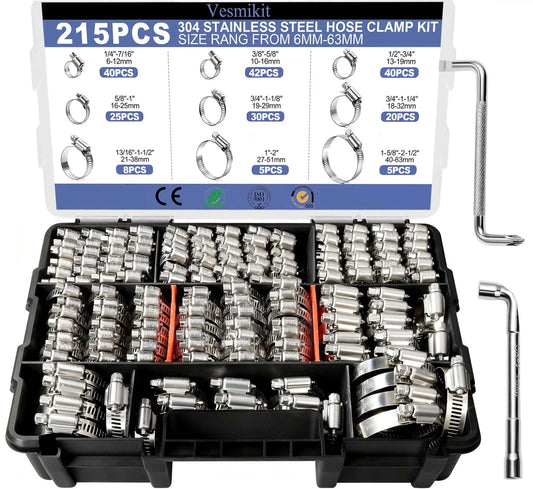 215 Piece 304 Stainless Steel Hose Clamp Kit One Quarter To Two And A Half Inches Worm Gear Clamps 6 To 63 Millimeters box and tools