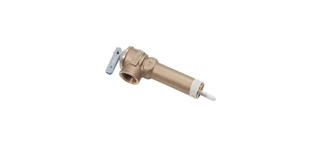 Temperature And Pressure Relief Valve For Water Heaters Replacement Part By Reliance 100108280 in gold color, side view.