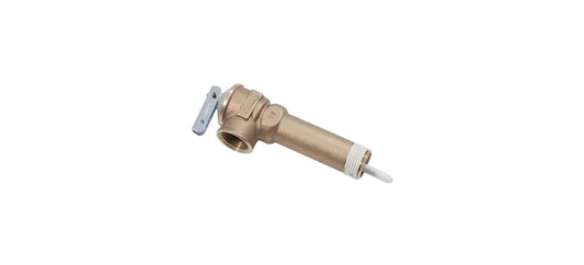 Temperature And Pressure Relief Valve For Water Heaters Replacement Part By Reliance 100108280 in gold color, side view.