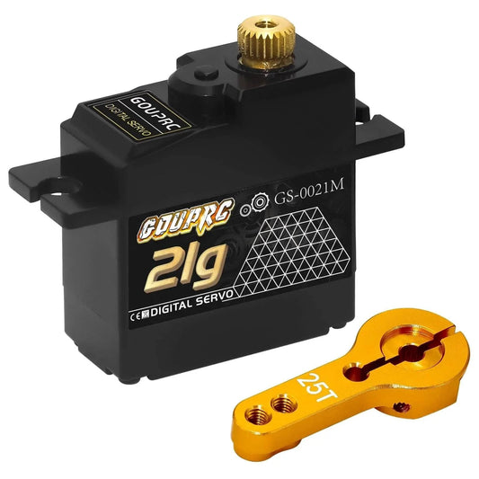 21G Micro Mini Digital Servo of Metal Gears with 25T Servo Horn for 1/14 1/16 RC Crawler Car Upgrade Servo Parts Model Boat Airplane Robot (1PC) image showing black servo with gold gear and orange horn