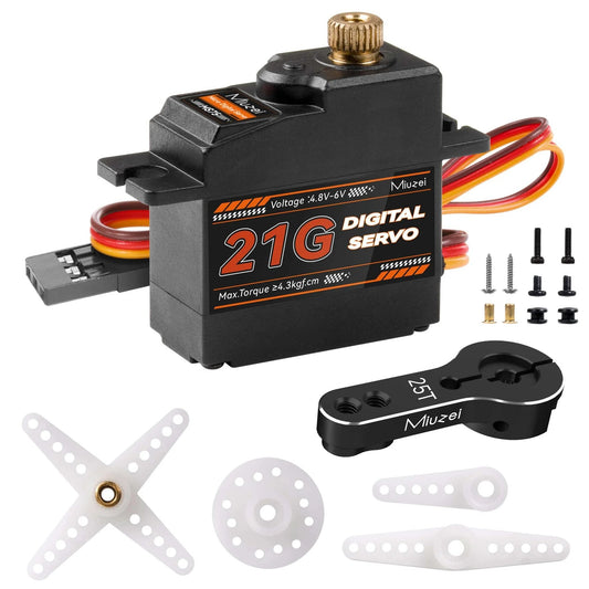 21G Micro Servo Motor Metal Geared Mini Digital Servo Kit with 25T Horn for 1/14 1/16 RC Car Robot Helicopte (1) shown with accessories