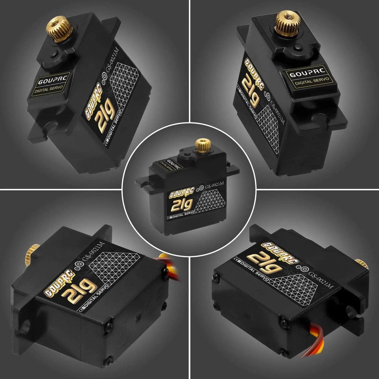 Front and side views of 21G Micro Mini Digital Servo of Metal Gears with 25T Servo Horn for 1/14 1/16 RC Crawler Car Upgrade Servo Parts