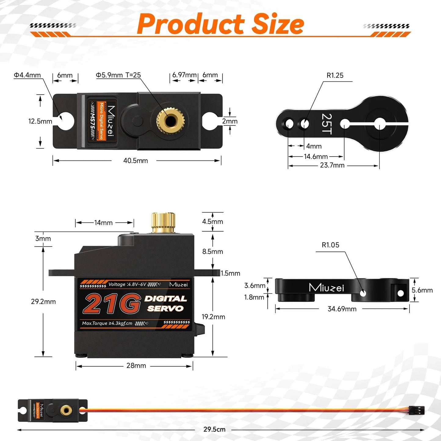 Product size diagram of 21G Micro Servo Motor Metal Geared Mini Digital Servo Kit with 25T Horn for 1/14 1/16 RC Car Robot Helicopte (1)