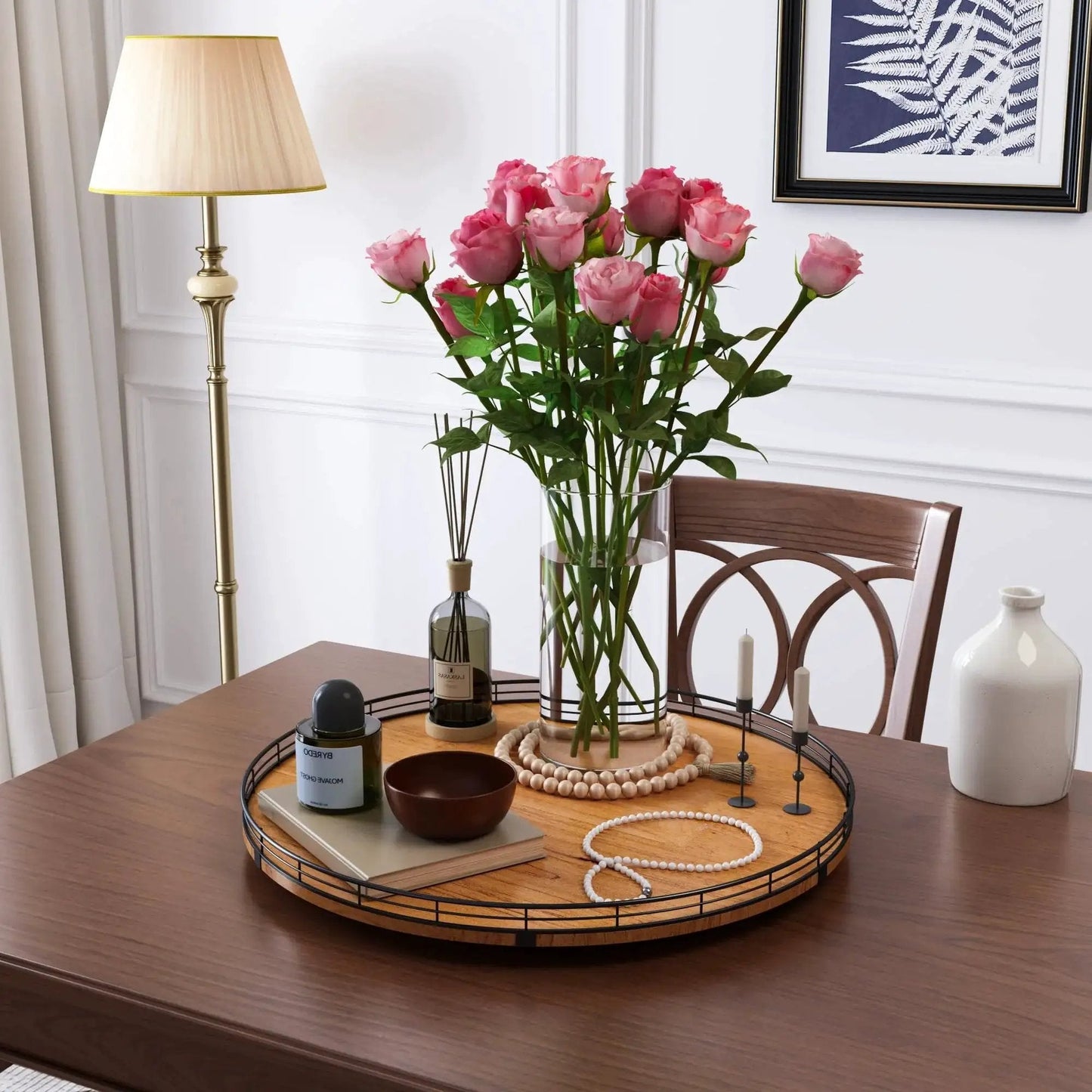 Round 21 Inch Walnut Wooden Lazy Susan Turntable Organizer on dining table with decor and flowers