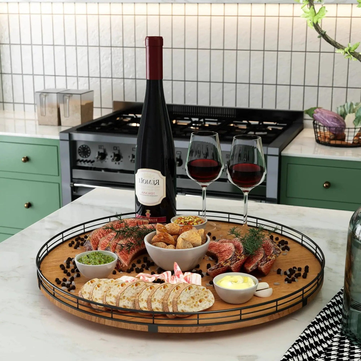 Round 21 Inch Walnut Wooden Lazy Susan Turntable Organizer with snacks and wine on kitchen countertop, premium solid wood
