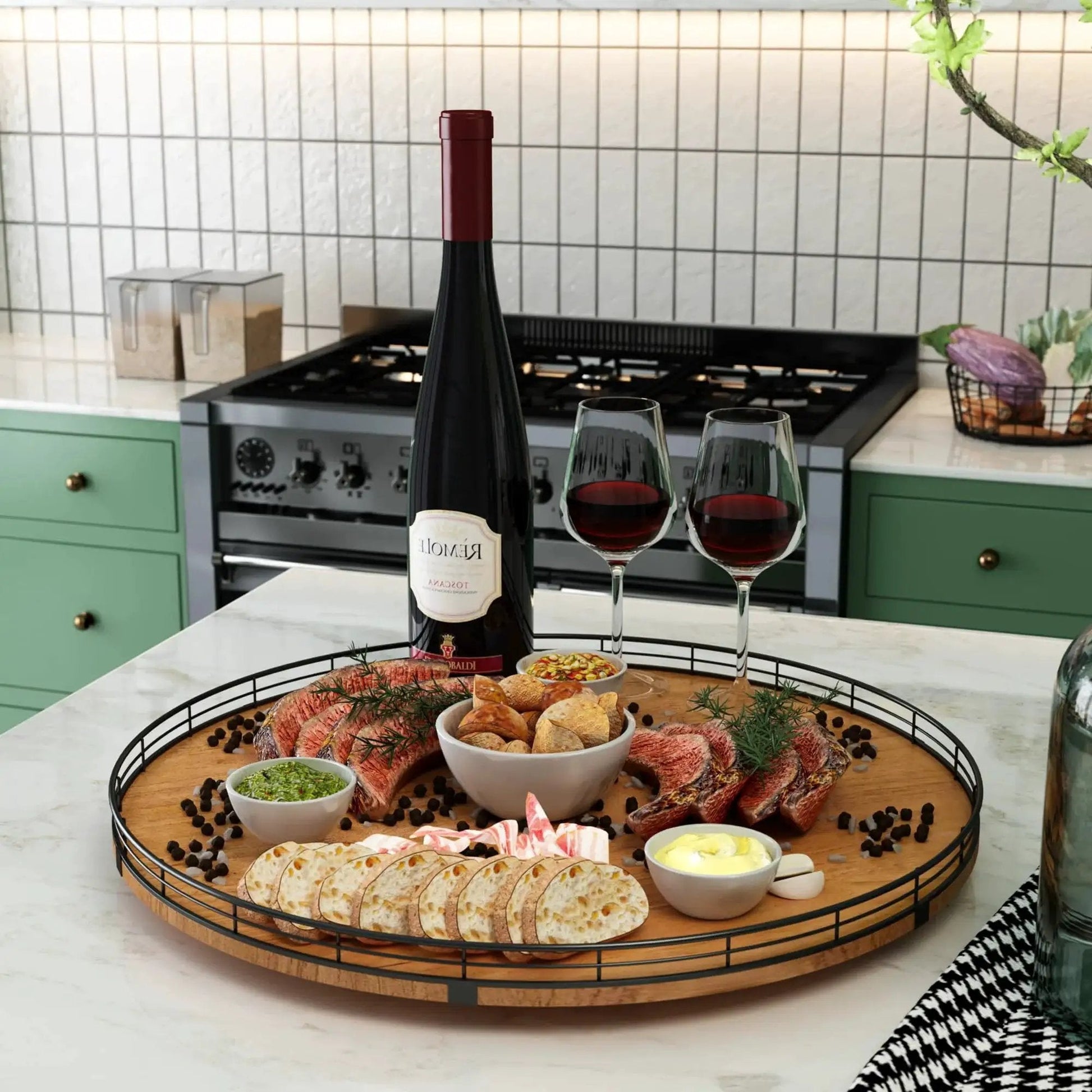 Round 21 Inch Walnut Wooden Lazy Susan Turntable Organizer with snacks and wine on kitchen countertop, premium solid wood