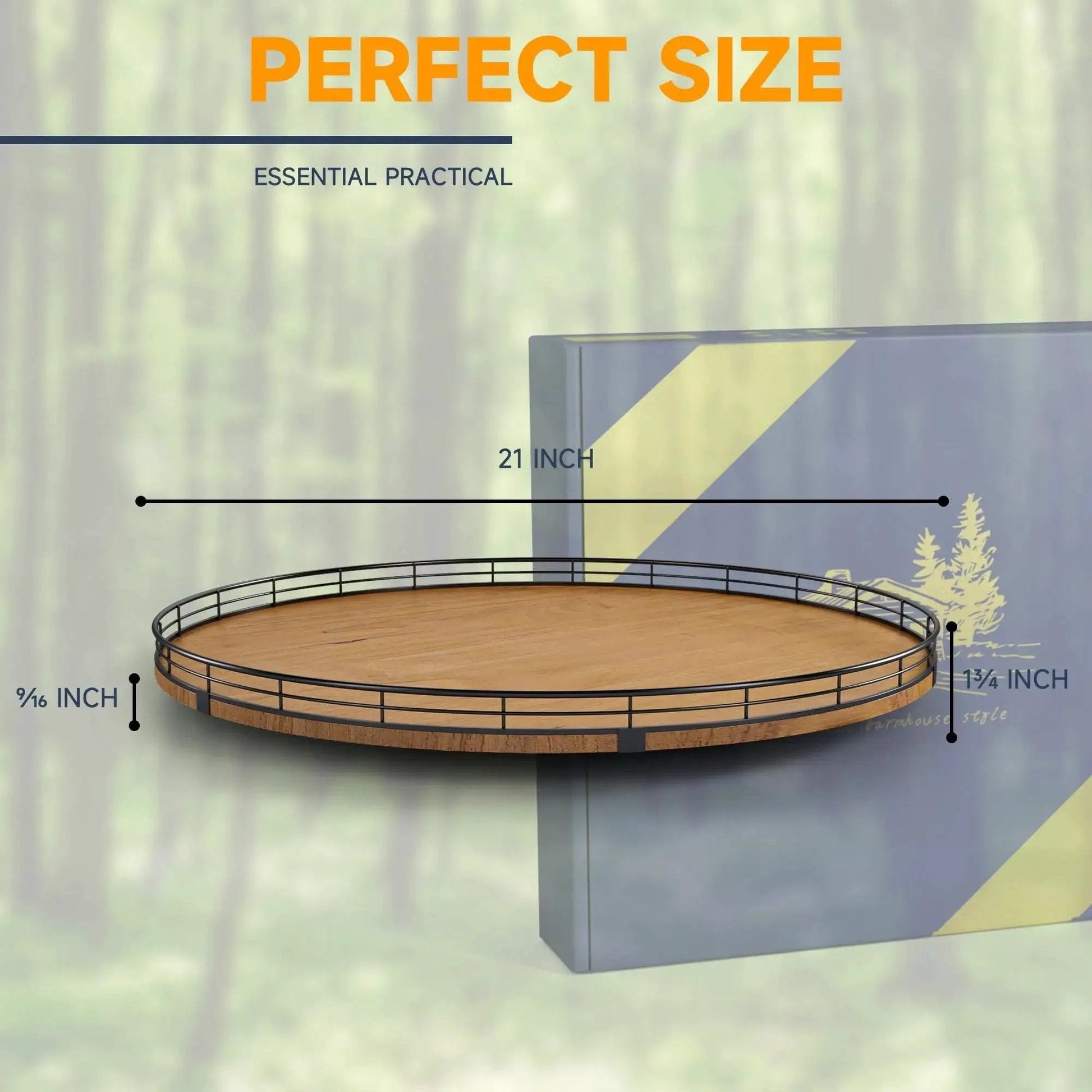 Round 21 Inch Walnut Wooden Lazy Susan Turntable Organizer with size measurements shown