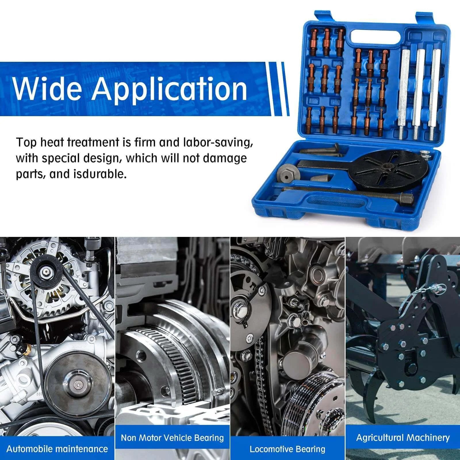 21 in1 Bearing Puller Set displayed in blue storage case for wide applications including automotive and agricultural machinery.