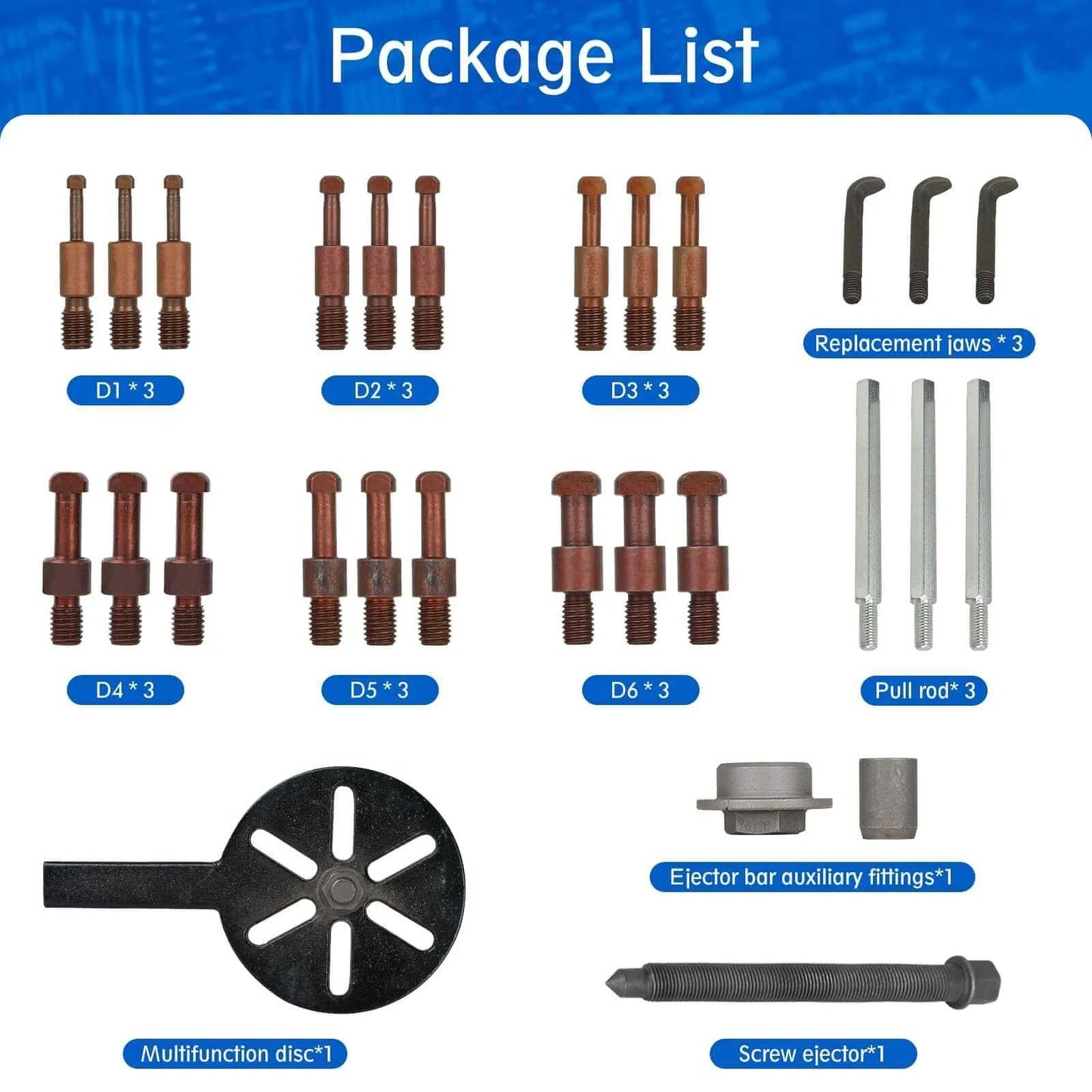Package contents for 21 in1 Bearing Puller, Bearing Puller Set, Inner Hole Three-Jaw Puller with Curved Hook and Red Steel Collet