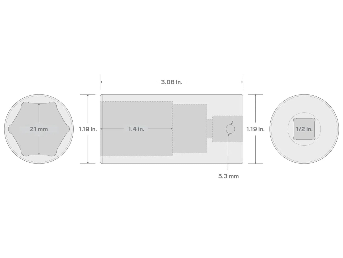 Diagram of One Half Inch Drive Twenty One Millimeter Deep Six Point Impact Socket with full length interior well and size markings.