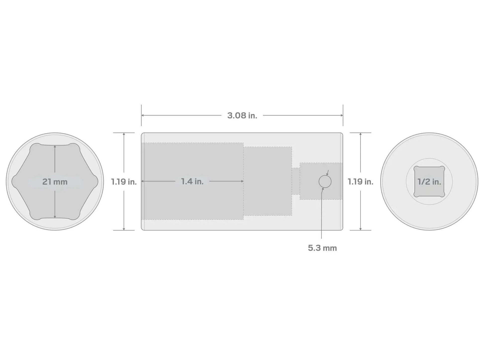 Diagram of One Half Inch Drive Twenty One Millimeter Deep Six Point Impact Socket with full length interior well and size markings.