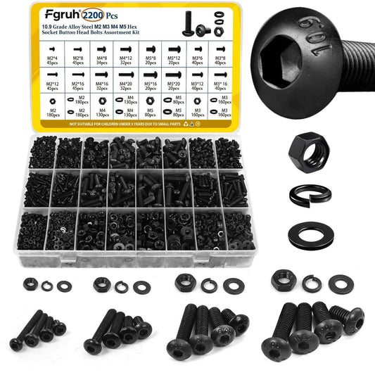 2200 Pcs Metric Screws Assortment Kit with M2 M3 M4 M5 Hex Socket Button Head Machine Screws Nuts and Washers Made from 10.9 Alloy Steel Black Zinc Plated for 3D Printing DIY and Repairs
