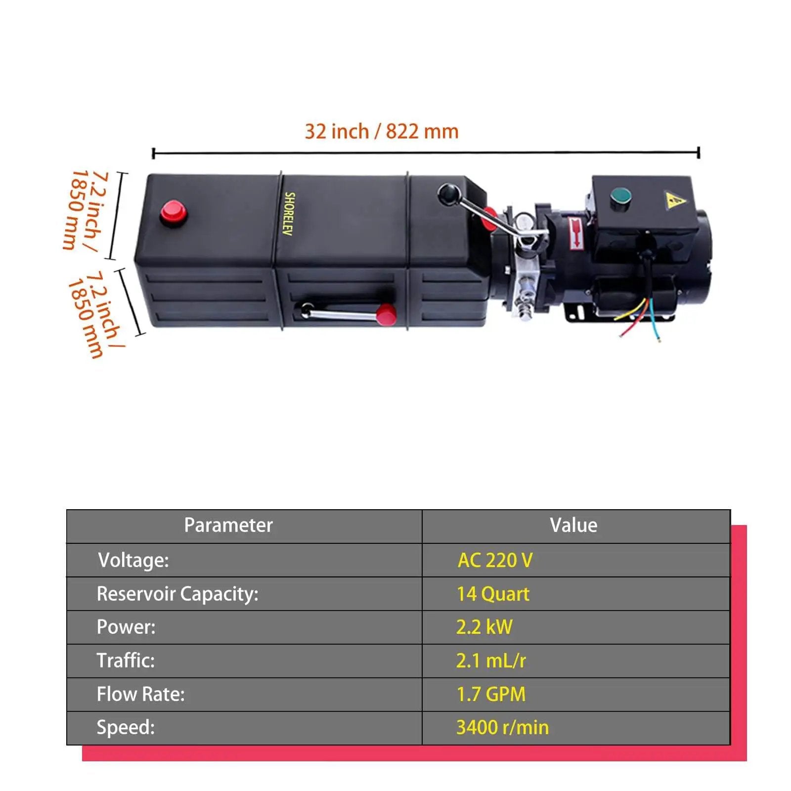 Top view of 220V 60Hz Heavy Duty Hydraulic Power Unit with 14L plastic reservoir and manual button control for auto lifts.