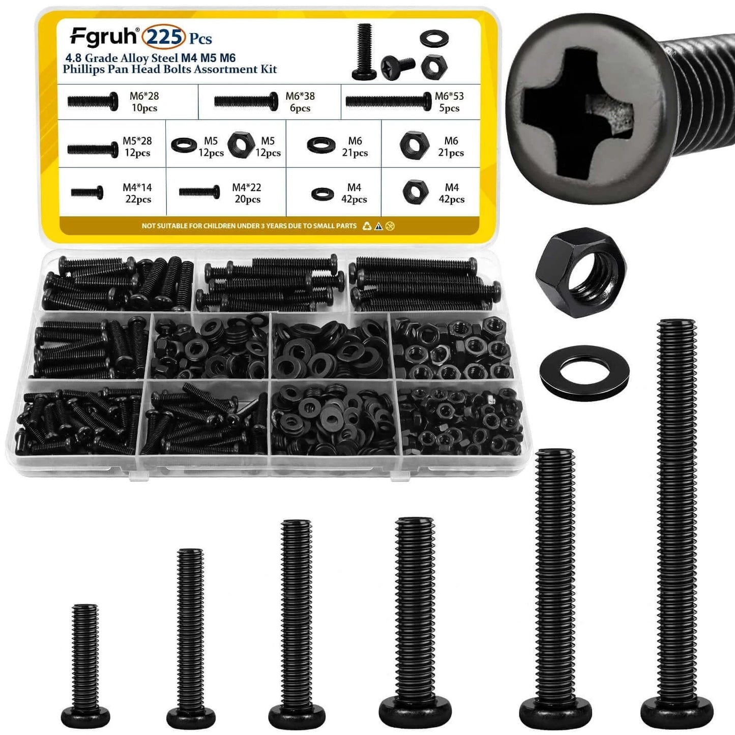 225 Pcs Screws and Nuts Assortment Kit with M4 M5 M6 Phillips Pan Head Bolts Matching Nuts and Washers Black Finish Organized Case for Headboards Wall Plates Switches and Receptacle Mounting