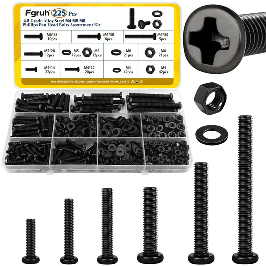 225 Pcs Screws and Nuts Assortment Kit with M4 M5 M6 Phillips Pan Head Bolts Matching Nuts and Washers Black Finish Organized Case for Headboards Wall Plates Switches and Receptacle Mounting