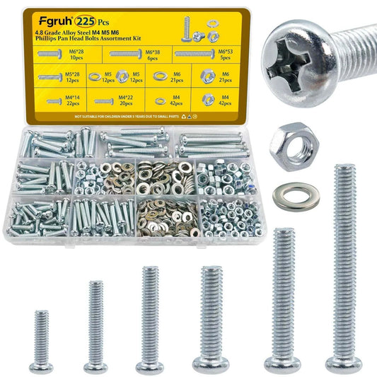 225 Pcs Screws and Nuts Assortment Kit with M4 M5 M6 Phillips Pan Head Bolts Matching Nuts and Washers Silver Finish Organized Case for Headboards Wall Plates Switches and Receptacle Mounting